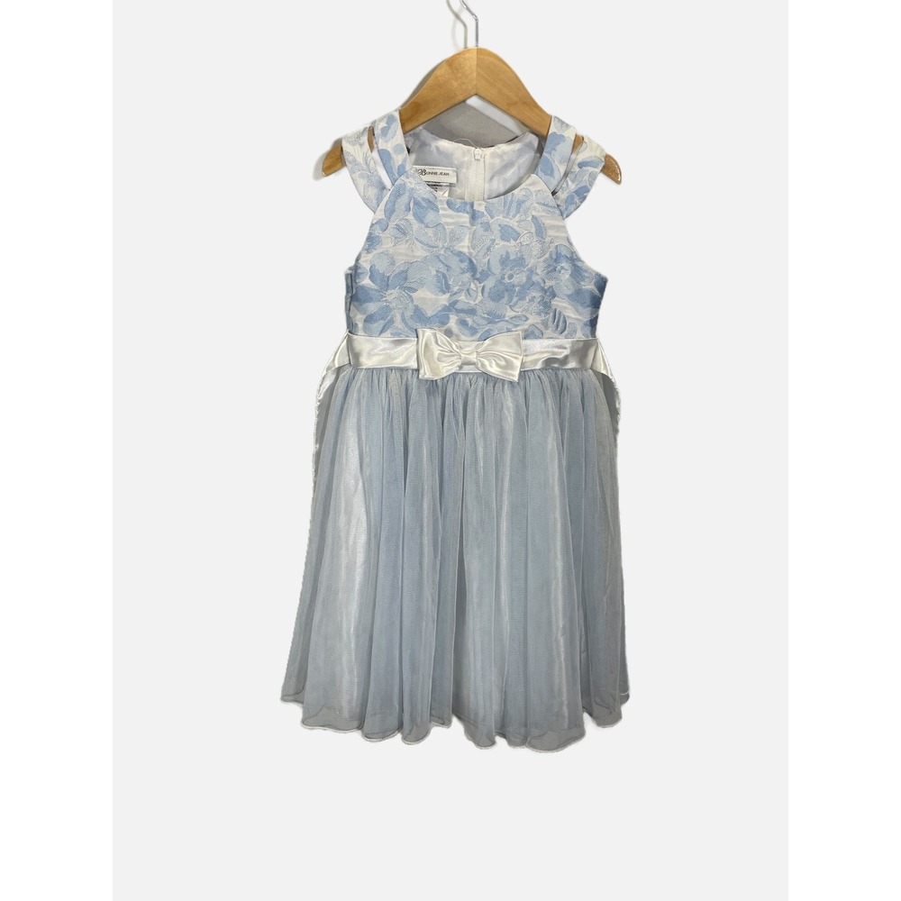 Bonnie Jean Dress Girls 6 Blue Floral Brocade Tulle Bow Special Occasion Party